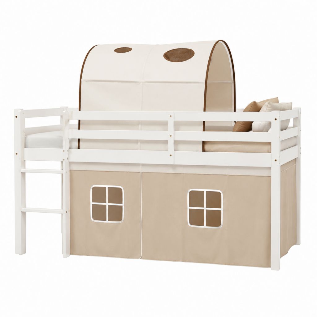 Kinder Hochbett Weiß aus massivem Kiefernholz mit Spielvorhang 90 x 200 cm