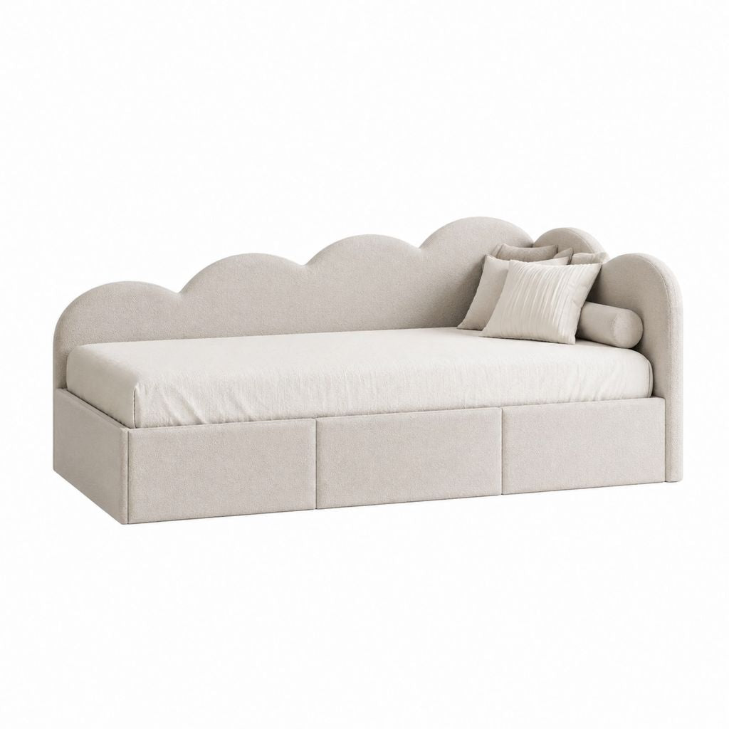 Stauraumbett 90 x 200 cm Beige mit Bouclé-Polyesterbezug und Wolkenkopfteil