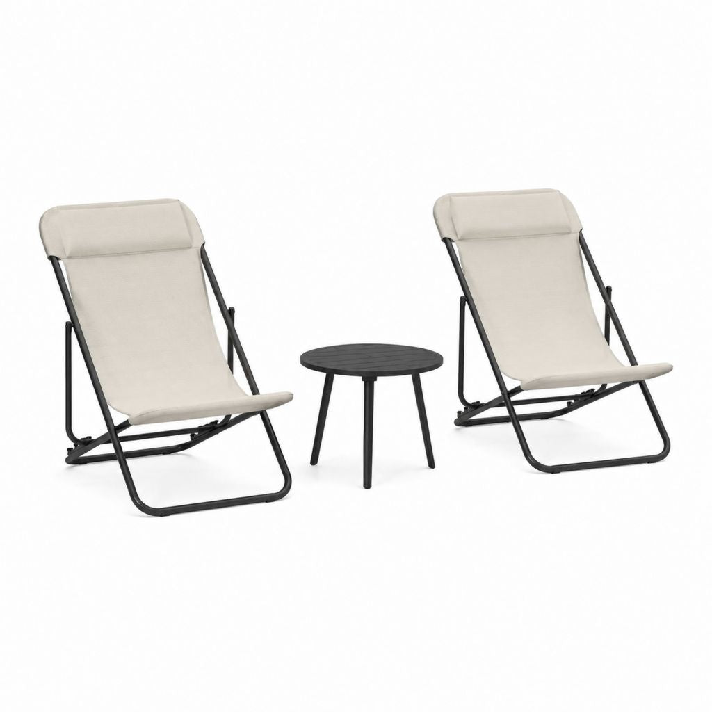 2er Set Gartenliegen mit Beistelltisch Beige Schwarz Stahl Polyester 94 x 65 x 98 cm