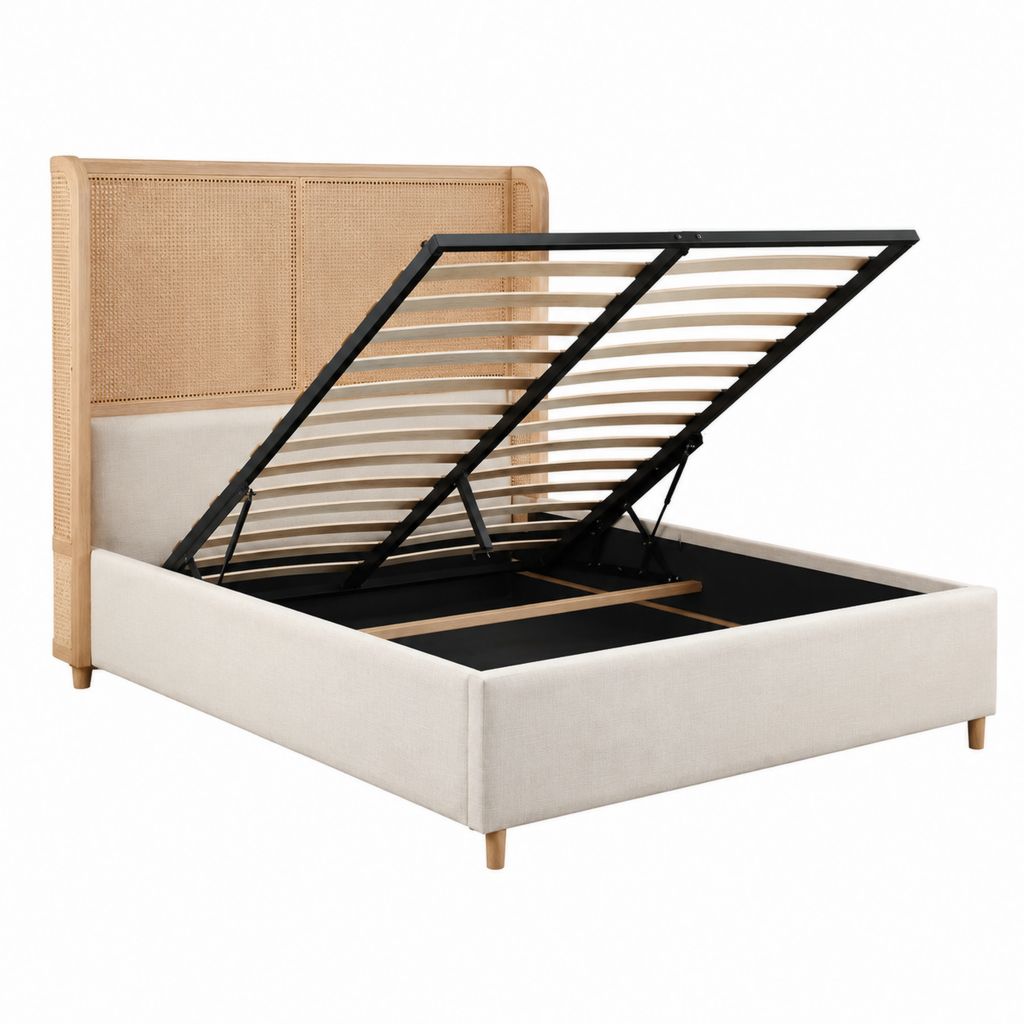 Stauraumbett 160 x 200 cm Beige mit Rattan-Kopfteil Polyesterbezug und Lattenrost