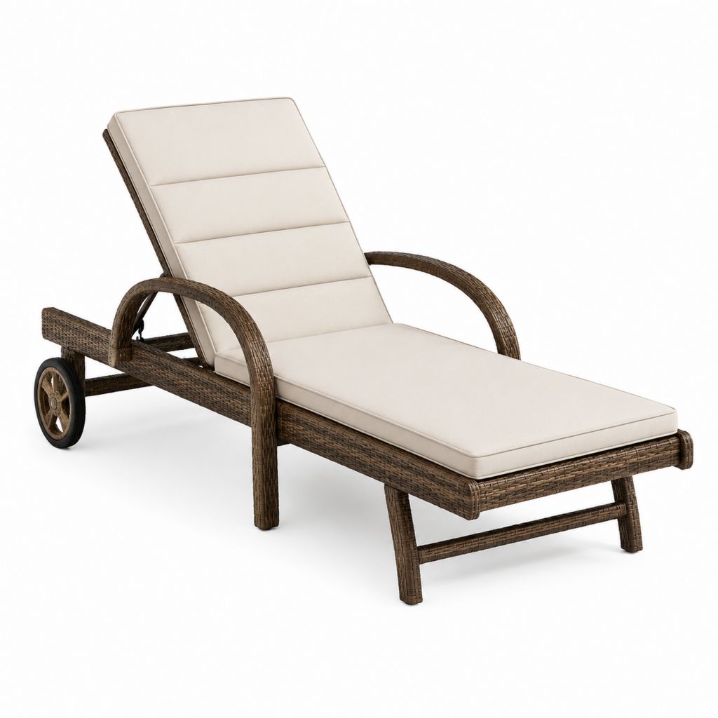 Verstellbare Gartenliege mit Rollen Braun PE-Rattangeflecht Beige Polyesterpolster Rechteckig 200 x 70 x 90 cm