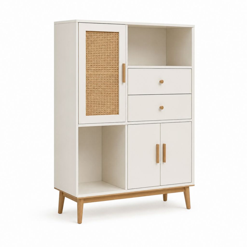 Bücherregal mit Schrank Weiß MDF Rattan rechteckig 90 x 40 x 160 cm