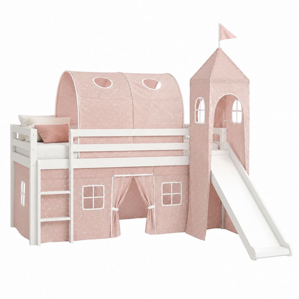 Kinder Hochbett mit Rutsche und Turm Rosa Weiß Kiefernholz 90 x 200 cm