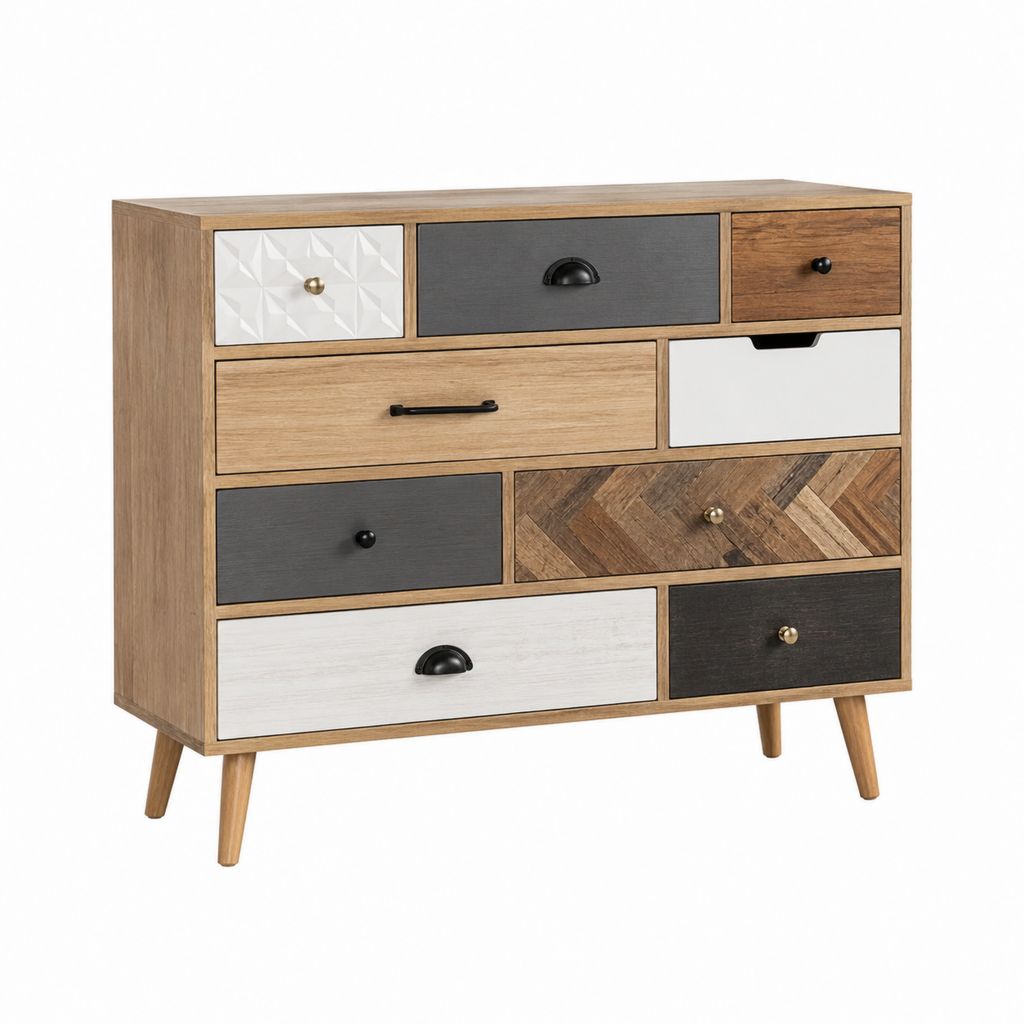 Schubladenkommode mit 9 Schubladen in Naturbraun Weiß und Anthrazit aus MDF 100 x 40 x 90 cm