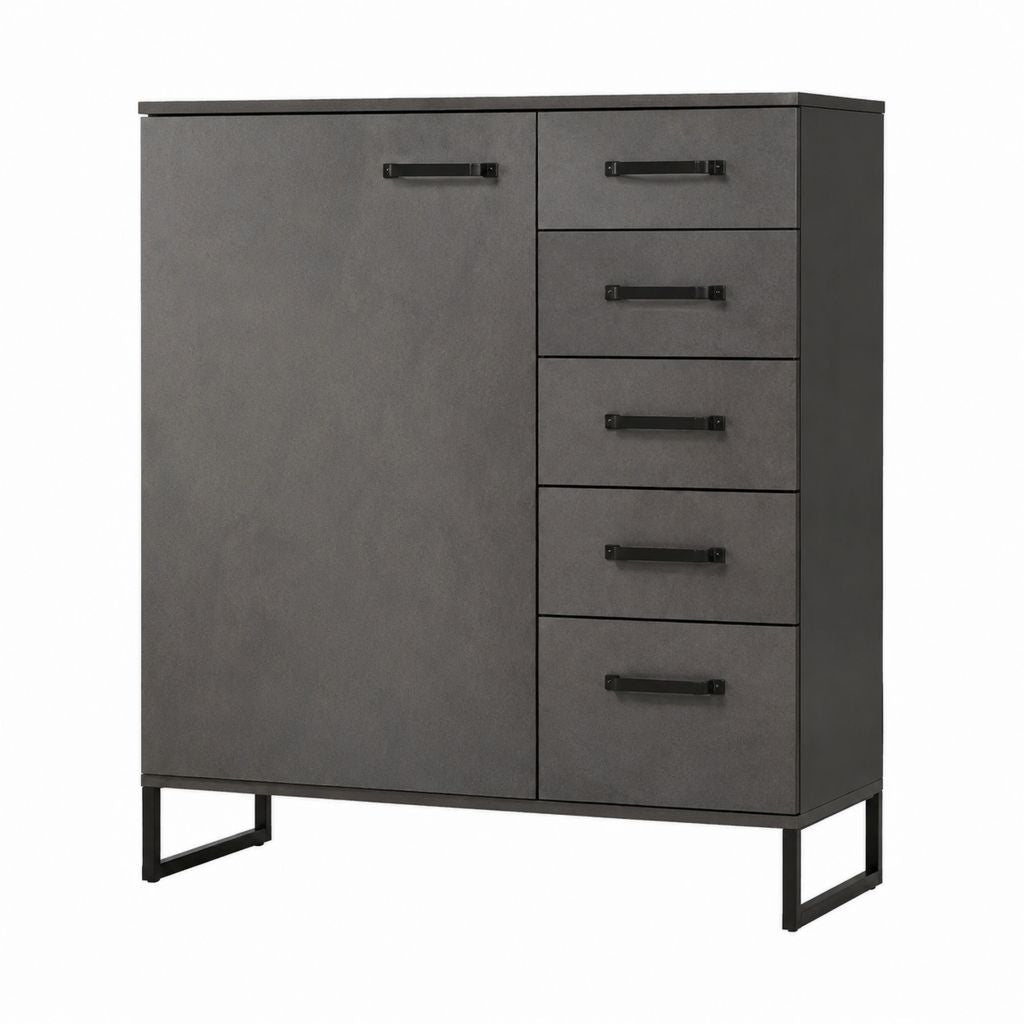 Hochkommode mit Tür und 5 Schubladen Anthrazit Spanplatte Betonoptik Rechteckig 100 x 40 x 120 cm