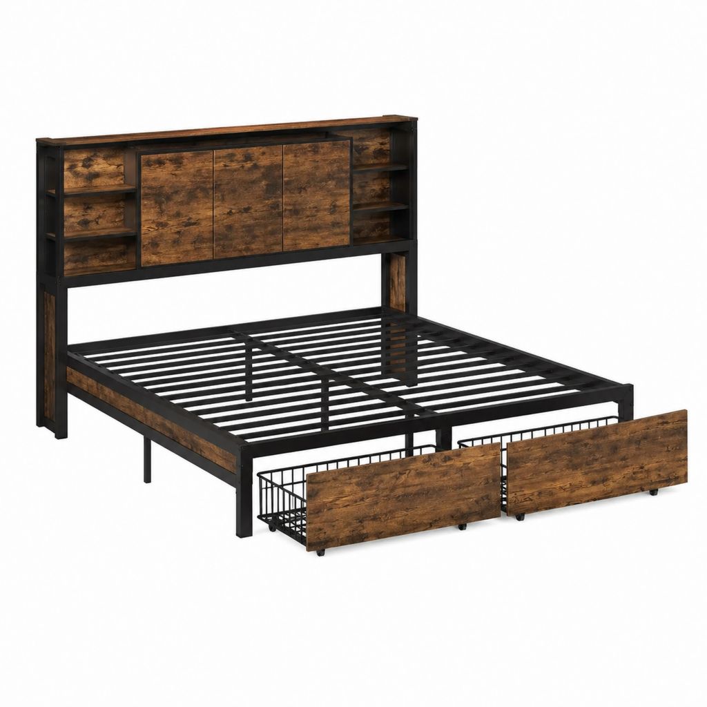 Stauraumbett 160 x 200 cm Dunkelbraun Schwarz aus Stahl und Spanplatte mit Kopfteilregal und Schubladen